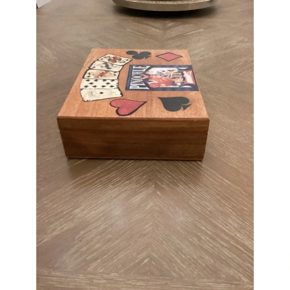 Vintage Handmade Wooden Pinochle Storage Box With Playing Cards And Score Pads